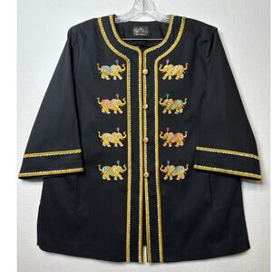Bob Mackie wearable art black coat embroidered Elephants gold logo buttons large